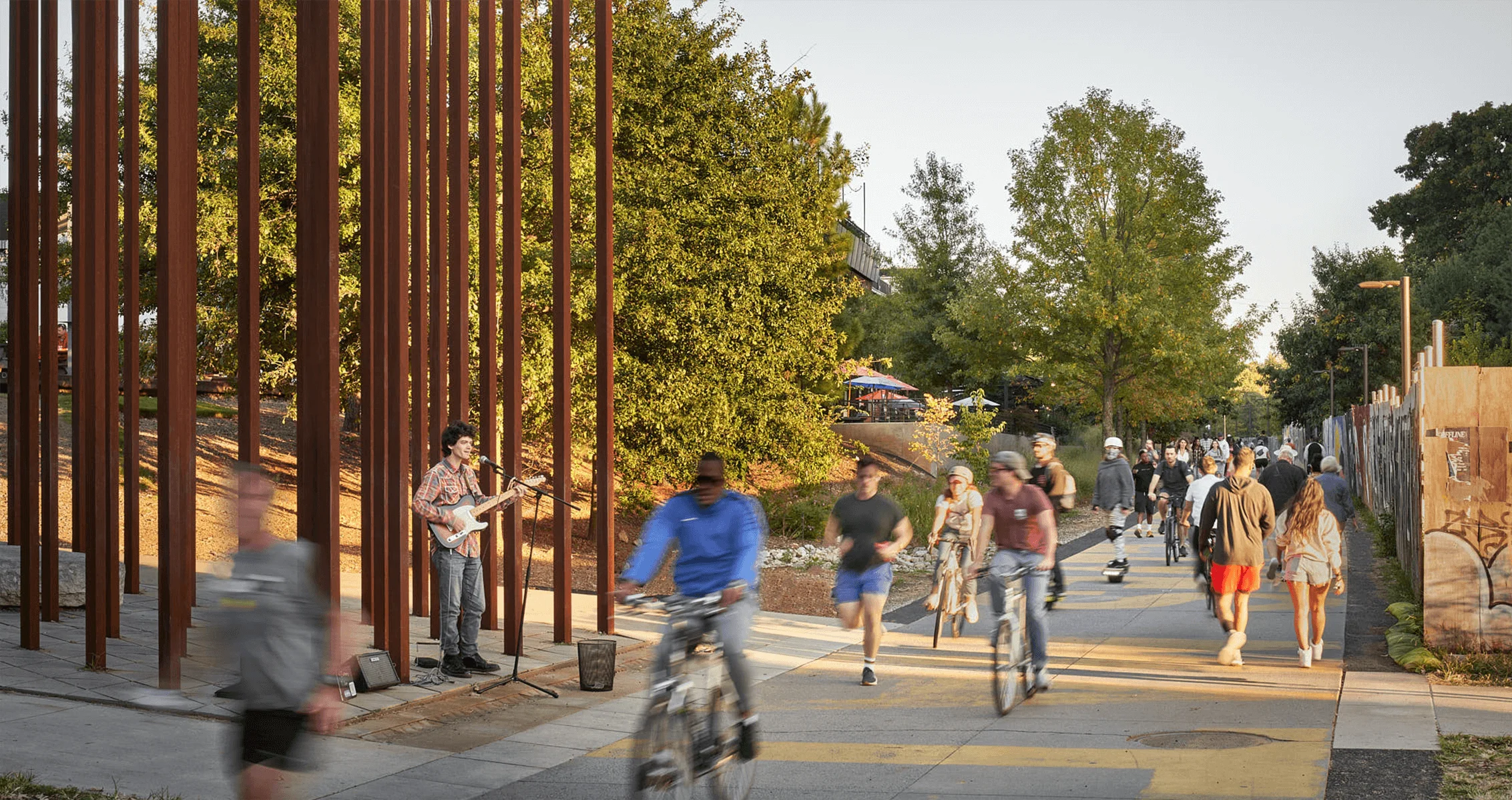 The multi-use trail filled with people and activities