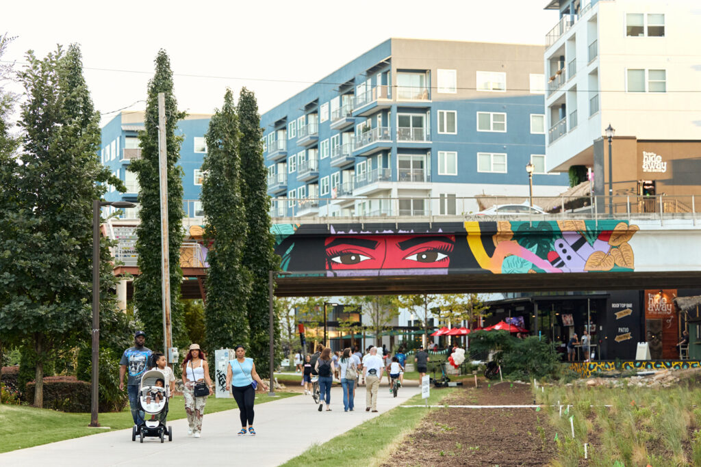 Atlanta Beltline Eastside Trail featuring public art on a crossing bridge